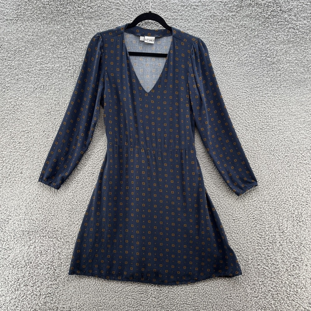 ICHI Dress Medium Blue Geo Print Ihvera V Neck Lightweight Fit Flare Modern Mini